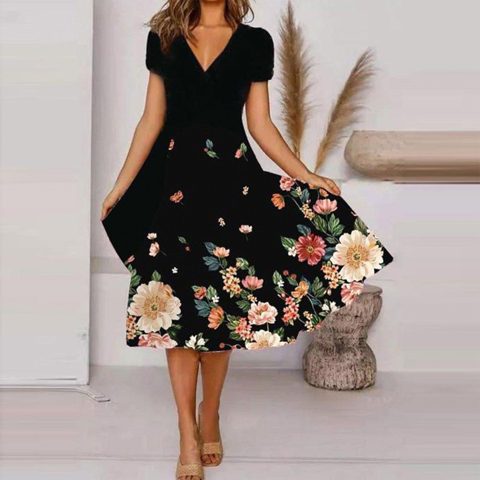 Women's Summer Casual Floral Print Short Sleeve V-Neck Flowy Swing Maxi  Dress