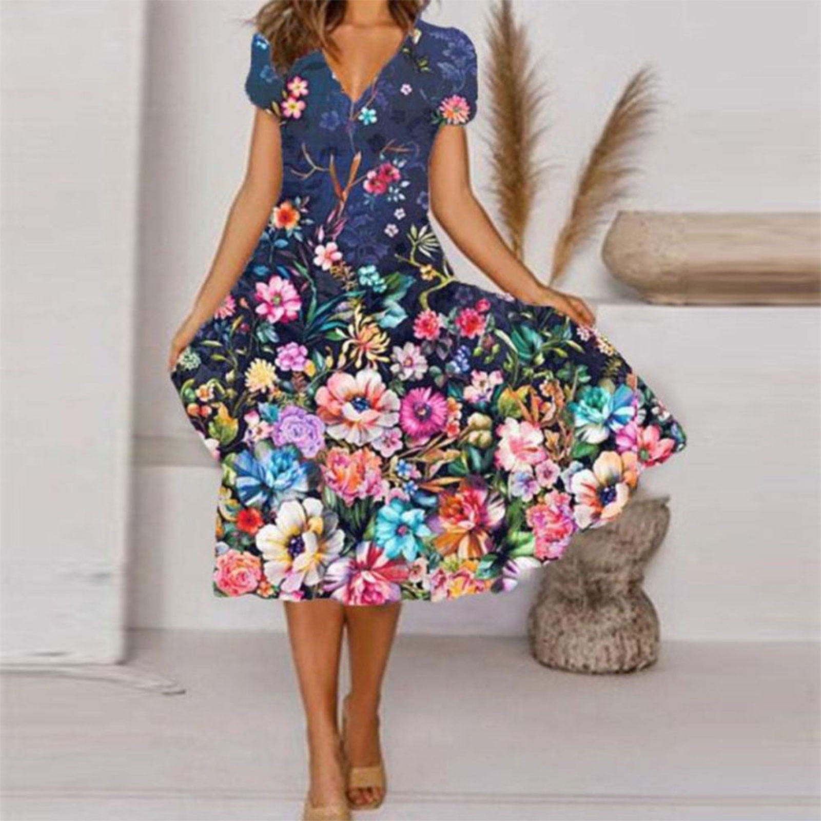 Women's Summer Casual Floral Print Short Sleeve V-Neck Flowy Swing Maxi  Dress