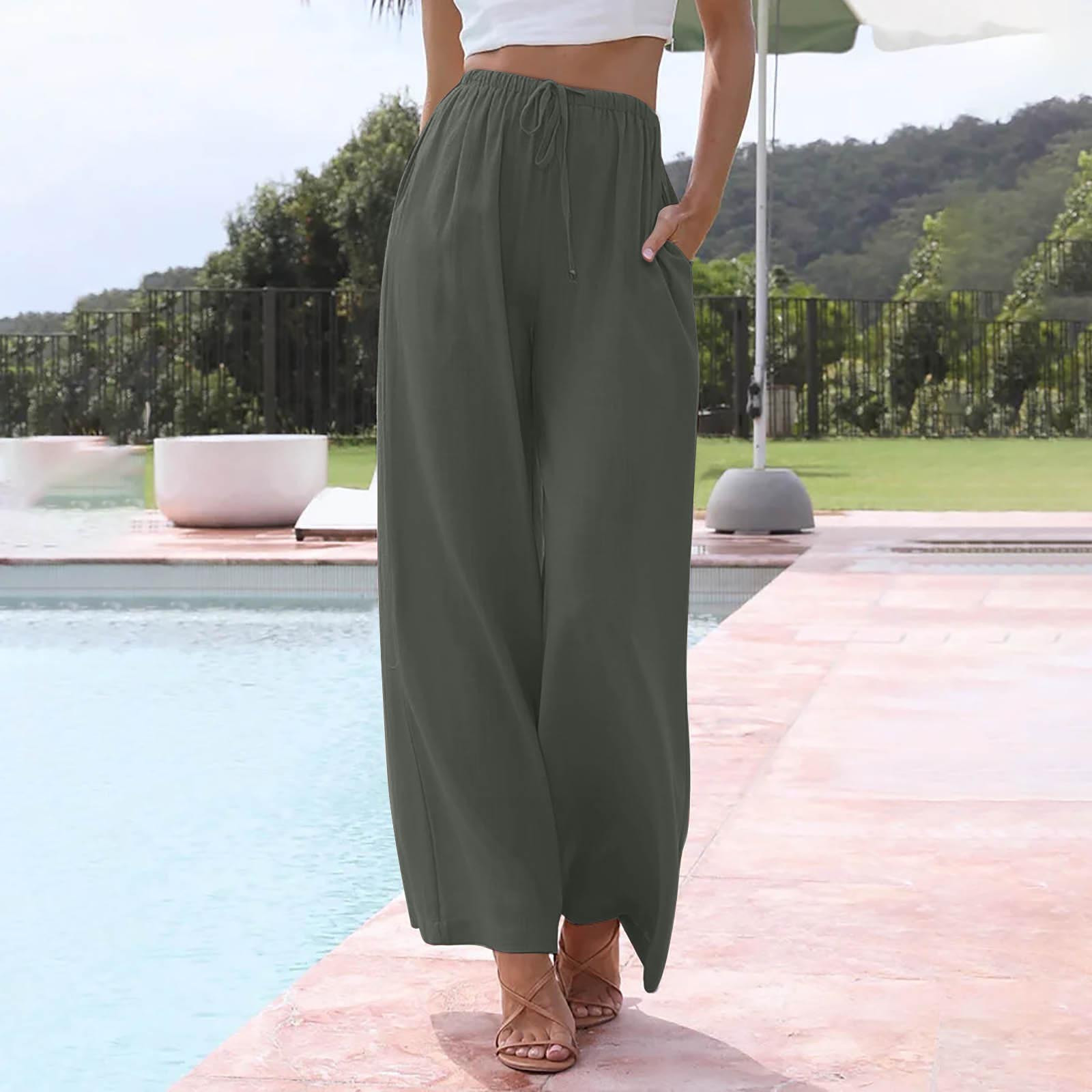 Cotton Linen Pants for Women High Waisted Solid Wide Leg Trouser Casual  Loose Flowy Summer Beach Pants with Pockets