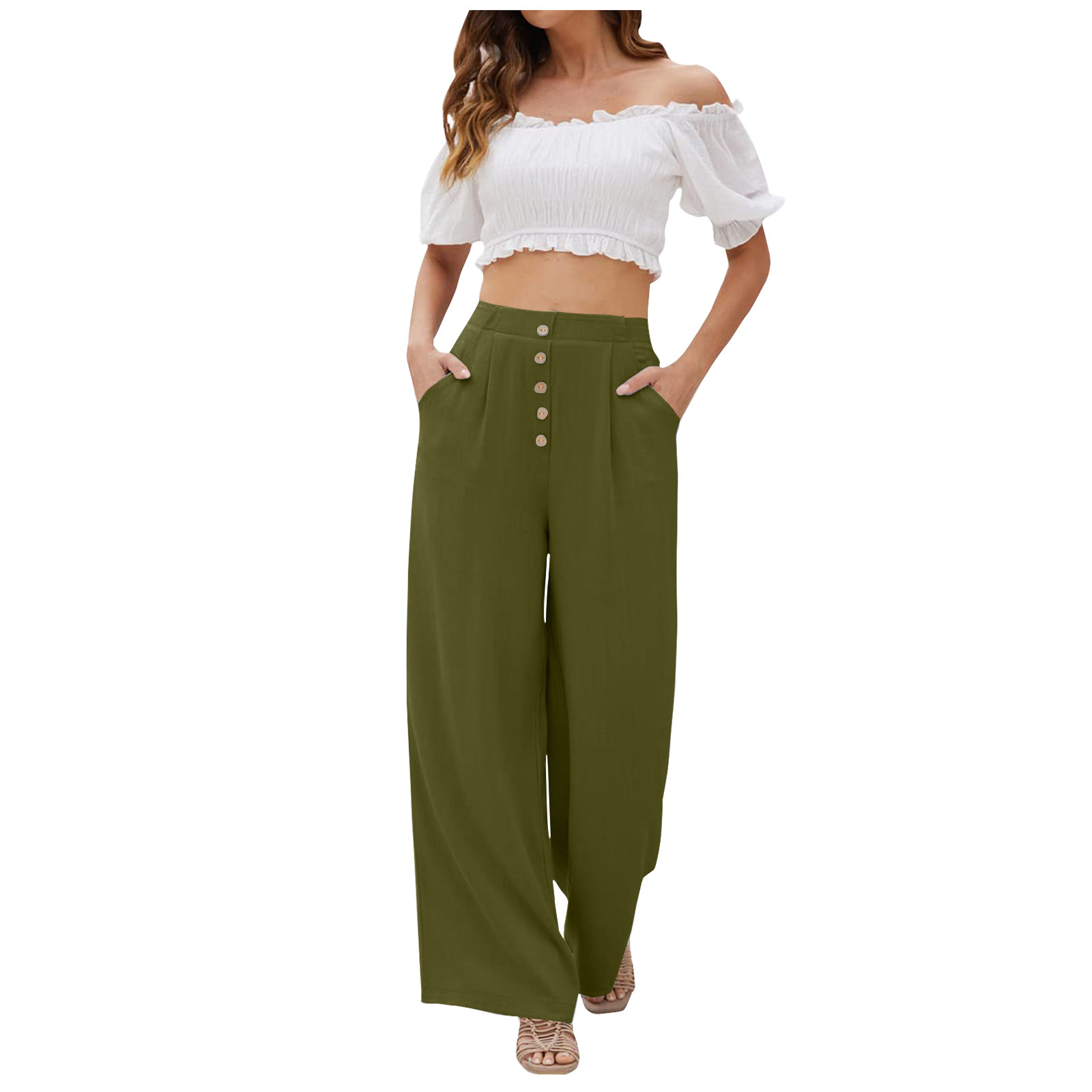 Women Cotton Linen Wide-Leg Pants Split Trousers Elastic Yoga Pants Summer  Pants